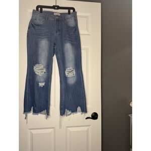 Melarey  Cropped Denim Jeans Blue Distressed Large